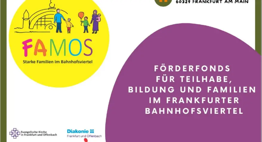 Gelbe Kreisgrafik mit stilisierten Familien und dem Schriftzug FAMOS.
