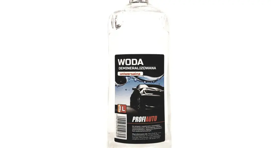 Butelka wody demineralizowanej 1L PROFI AUTO, idealna do żelazek, kosmetyków samochodowych i chłodnic.