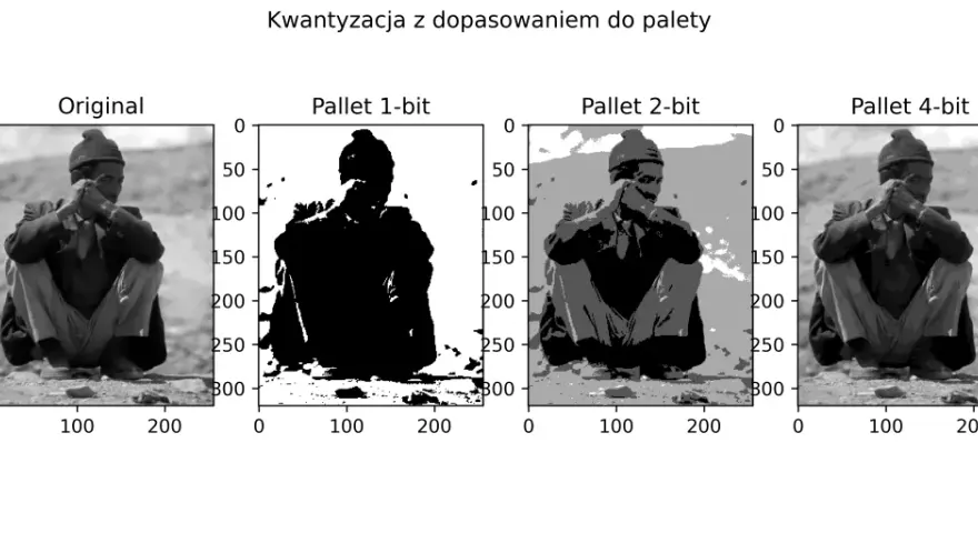 Oryginalny obraz mężczyzny siedzącego na ziemi, obok jego kwantyzowane wersje: 1-bitowa (czarno-biała), 2-bitowa (szara) i 4-bitowa. Widać, jak zredukowana paleta kolorów wpływa na szczegóły, tworząc efekt anti dither.