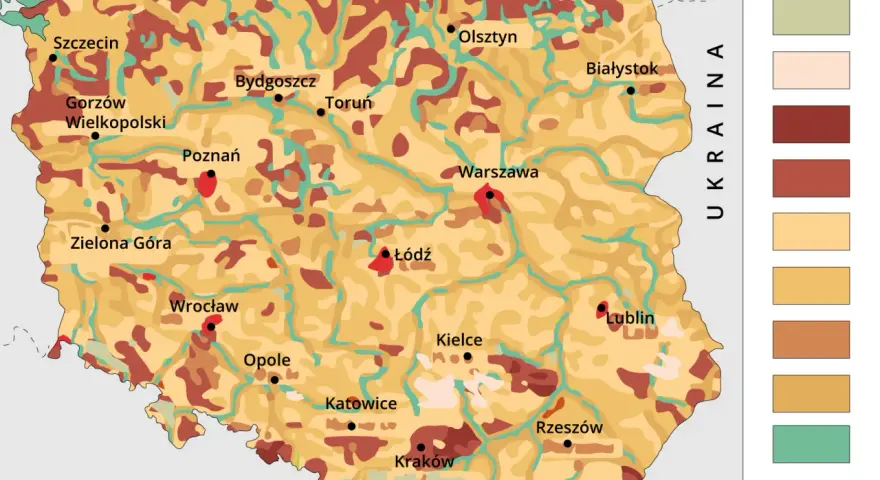 Mapa Polski z zaznaczonymi miastami i regionami o różnym ukształtowaniu terenu. Występują tu gleby, które można zaklasyfikować jako kod odpadu 17 05 04.