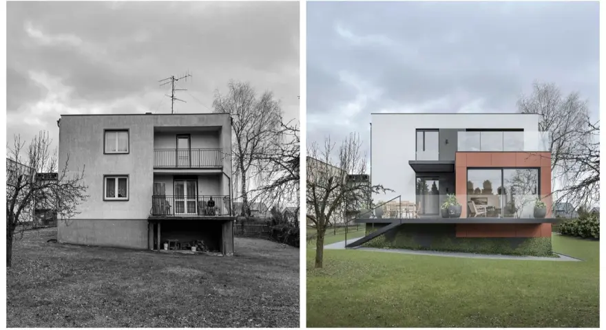 Przed i po: metamorfoza elewacji domu z lat 70-tych. Nowoczesna bryła z przeszklonymi tarasami i ceglanym akcentem zastępuje starą architekturę.
