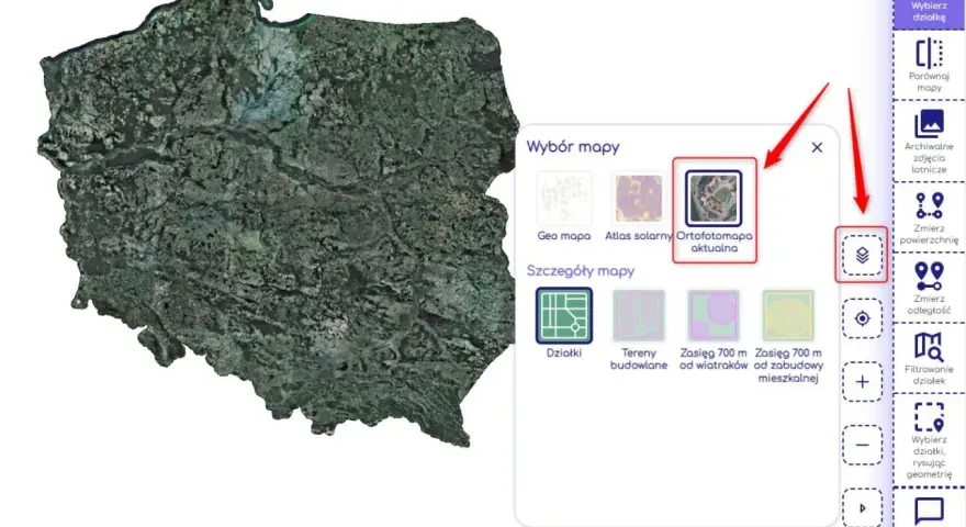 Wybierz ortofotomapę, aby sprawdzić wymiary działki. Zobaczysz szczegóły mapy, jak działki i tereny budowlane.