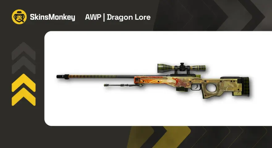 AWP | Dragon Lore, najdroższy skin w CS:GO, z motywem smoka i celownikiem.