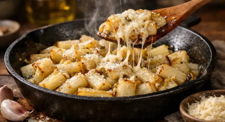 Cosses de blettes gratinées au fromage fondant, servies dans une poêle en fonte, avec de l'ail et du parmesan à proximité.