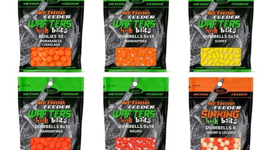 Zestaw feeder na leszcza: przynęty wafters i dumbells w różnych smakach i kolorach, idealne na karpia, leszcza i inne ryby.