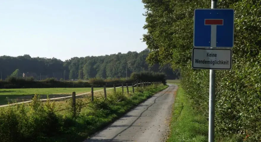 Strada sterrata con segnale 225 (strada senza uscita). Campo verde e bosco sullo sfondo.