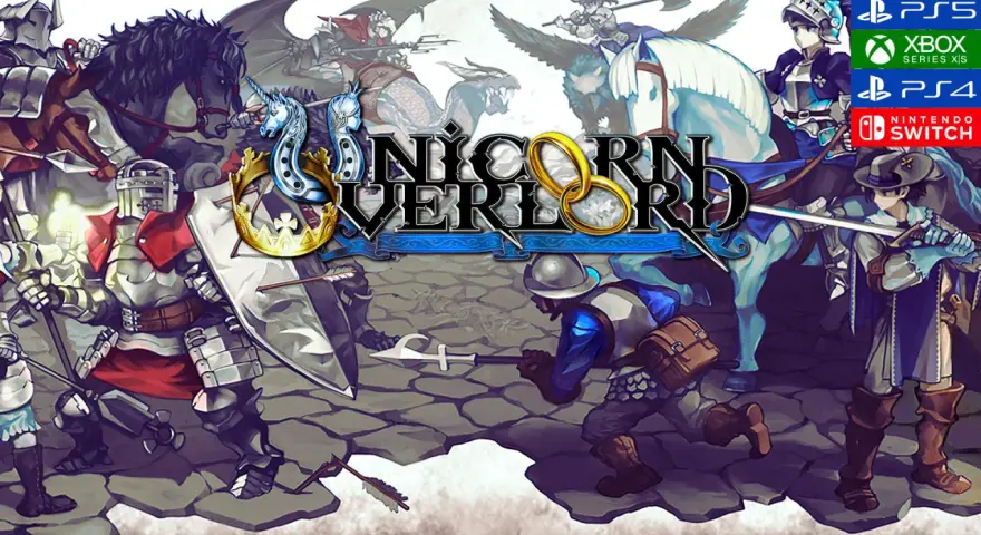 Caballeros, dragones y unicornios en batalla épica. El título "Unicorn Overlord" domina la escena, anunciando un reino de fantasía.
