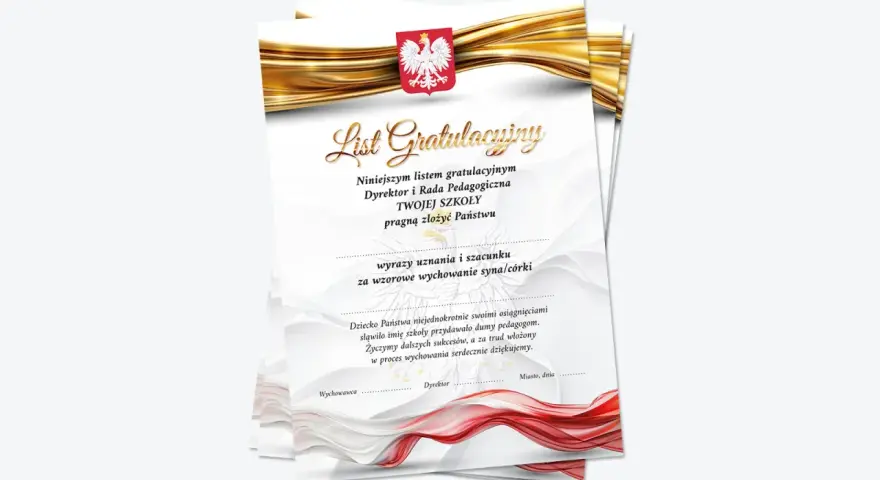 List gratulacyjny od dyrektora i rady pedagogicznej dla rodziców za wzorowe wychowanie. Podziękowania i życzenia sukcesów.
