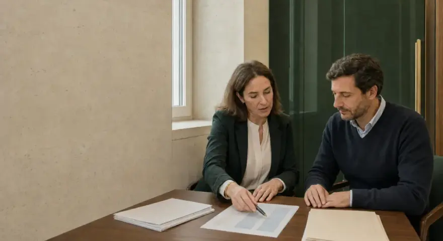 Dos personas revisan documentos en una mesa. Podrían ser ejemplo dos pagadores de renta discutiendo un contrato.