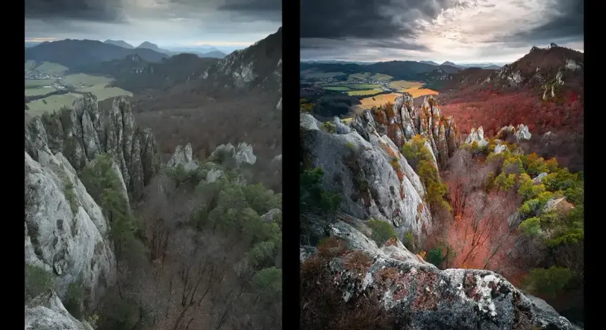 Widok na skalne formacje i dolinę. Po lewej surowa, pojedyncza klatka. Po prawej panorama z 6 klatek, gdzie fotograf i fotografik wydobył jesienne barwy.