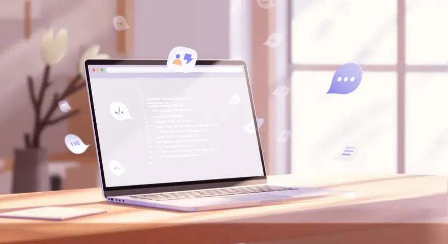 Laptop zeigt Code, der auf Symfony Messenger hinweist. Sprechblasen mit Icons schweben umher, wie bei einer Benachrichtigung.