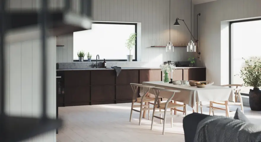 Ljust kök med träpaneler, matbord och köksö. Perfekt panel inomhus inspiration för ett modernt hem.