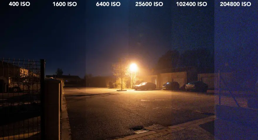 Comparaison de la qualité d'une **iso photo nuit** à différents réglages : 400 à 204800 ISO. Le bruit augmente avec l'ISO.