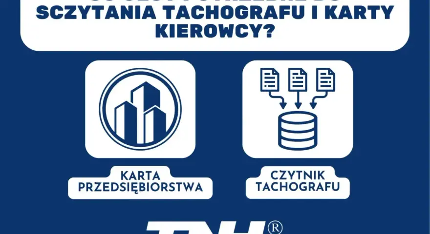 Grafika informuje o potrzebnych elementach do sczytywania karty kierowcy i tachografu: karta przedsiębiorstwa i czytnik tachografu.