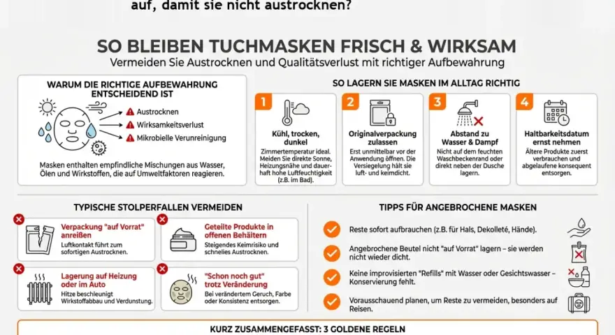 Kühl, trocken, dunkel lagern. Nicht auf dem feuchten Waschbeckenrand oder direkt neben der Dusche aufbewahren, um Austrocknen der gesichtsmaske vor oder nach dem duschen zu vermeiden.