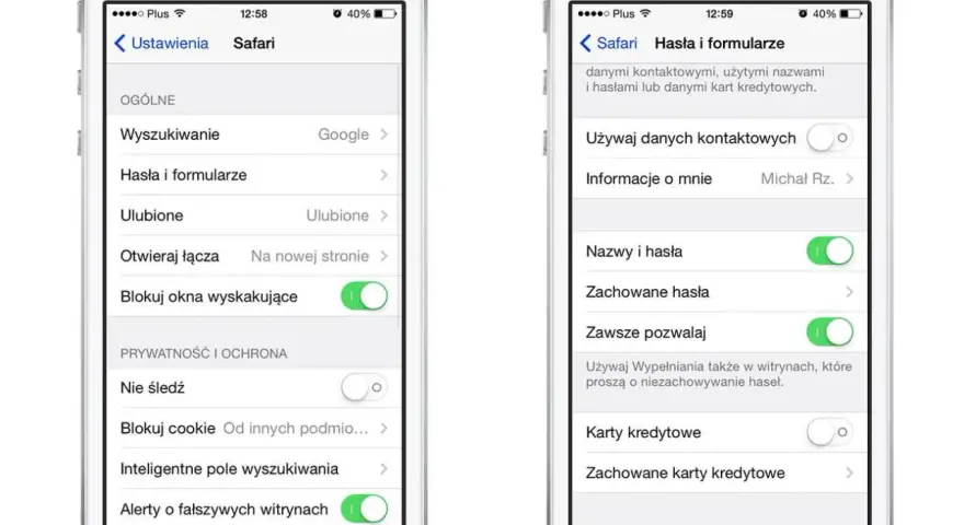 Ustawienia Safari: zarządzanie hasłami i formularzami, blokowanie wyskakujących okienek i alerty o fałszywych witrynach.