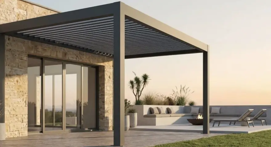 Una moderna casa con una **pérgola bioclimática** que ofrece un espacio exterior acogedor con asientos, tumbonas y una hoguera.