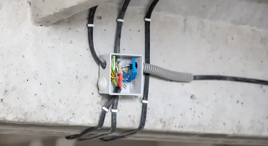 Rozdzielnica modułowa z przewodami elektrycznymi, zamontowana na betonowej konstrukcji.