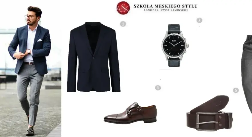 Modny facet po 40. prezentuje elegancki styl: granatowa marynarka, szare spodnie, biała koszula, brązowe buty i pasek, czarny zegarek.