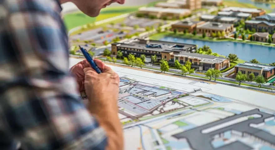 Architekt analizuje model urbanistyczny, planując rozwój terenu. To właśnie mpzp co to za dokument, który określa przeznaczenie działek.
