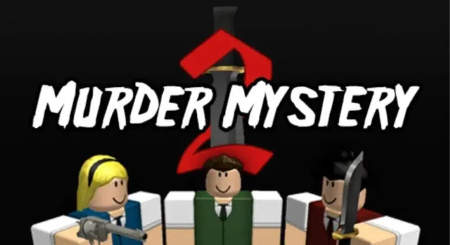 Postacie z gry Murder Mystery 2, z napisem "MURDER MYSTERY 2" i mieczem. Szukasz kodów do mm2?