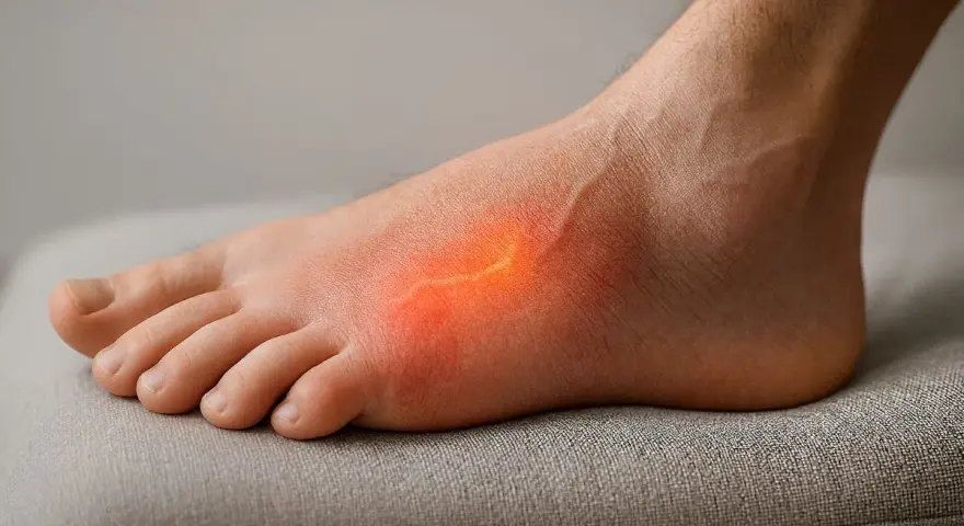 Ból stopy z zaczerwienieniem i zaznaczonym obszarem sugerującym złamanie v kości śródstopia.
