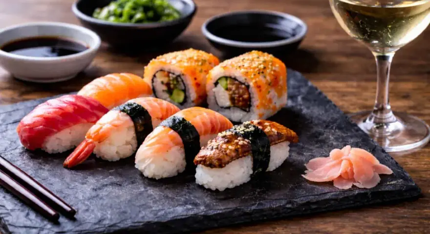 Wyśmienite japońskie picie i sushi: nigiri z łososiem, krewetką, tuńczykiem i węgorzem, rolki z ikrą, sos sojowy, wasabi i marynowany imbir.