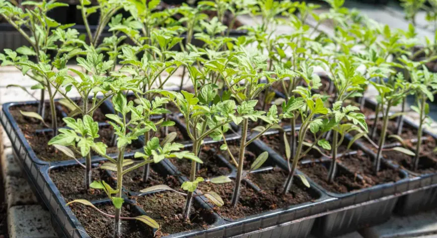 Små tomatplantor i plastbrickor. Den rätta temperaturen är avgörande för att de ska växa sig starka.