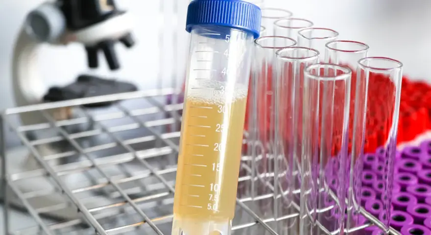 Laborröhrchen mit gelblicher Flüssigkeit, die auf erhöhten Protein im Urin hinweisen könnte. Im Hintergrund ein Mikroskop.