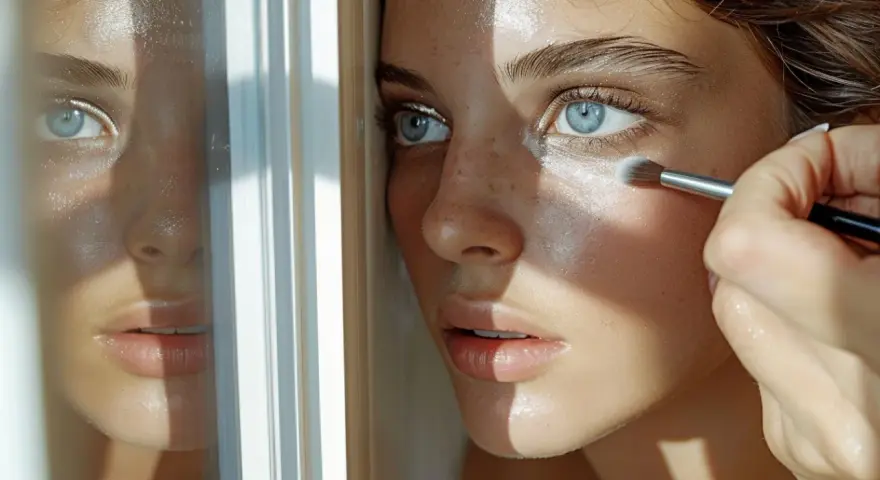 Une main applique un fard lumineux sous l'œil d'une jeune femme aux yeux bleus, pour faire un contouring subtil.