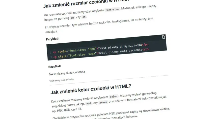 Jak zmienić czcionkę HTML? Przykład kodu pokazuje, jak ustawić rozmiar tekstu na 18px i 12px.