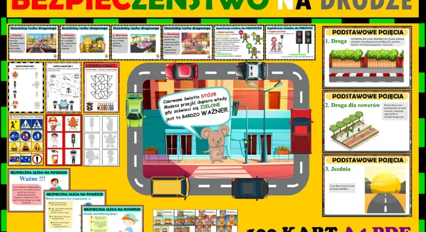 Ilustracja edukacyjna "Bezpieczeństwo na drodze" z zasadami ruchu drogowego dla dzieci, sygnalizacją świetlną i znakami.
