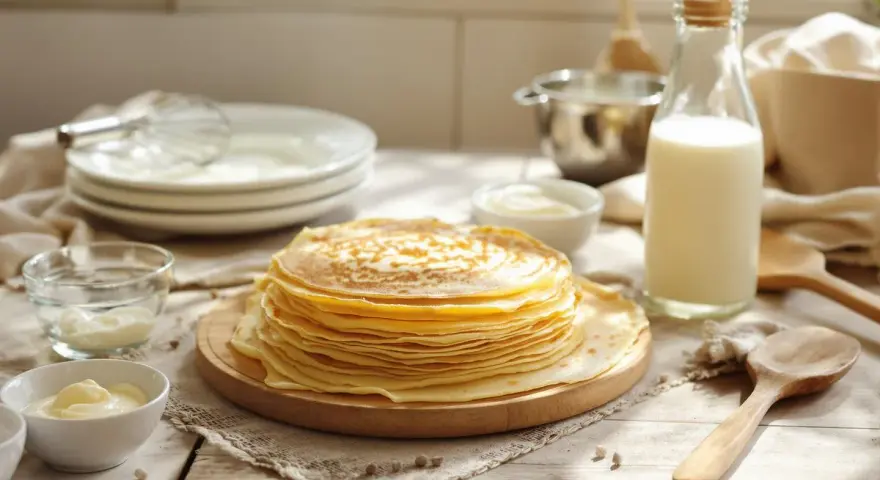 Une pile de crêpes dorées, prêtes pour une recette crêpe comme à la crêperie. Lait, crème et ustensiles à proximité.