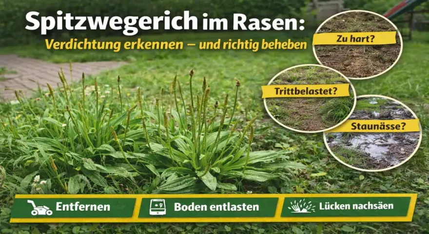 Breitwegerich im Rasen: Verdichtung erkennen und beheben. Bilder zeigen zu harte Erde, Trittbelastung und Staunässe. Tipps: Entfernen, Boden entlasten, Lücken nachsäen.