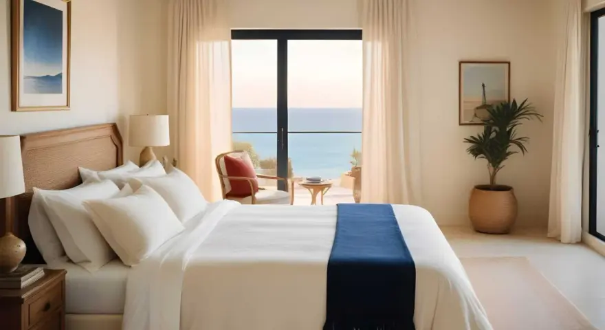 Acogedores dormitorios estilo mediterráneo con vistas al mar. Cama blanca con manta azul, sillón de mimbre y plantas.