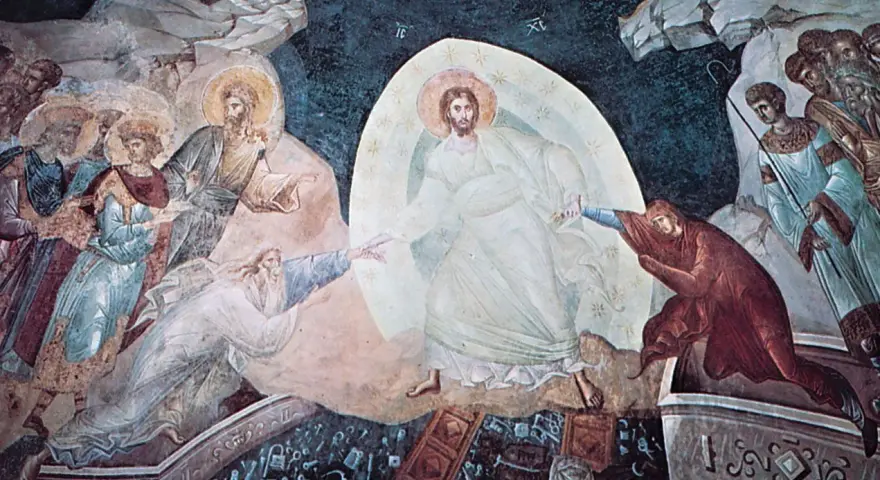 Resurrection scene: Christ pulls Adam and Eve from a tomb, symbolizing liberation from purgatory.