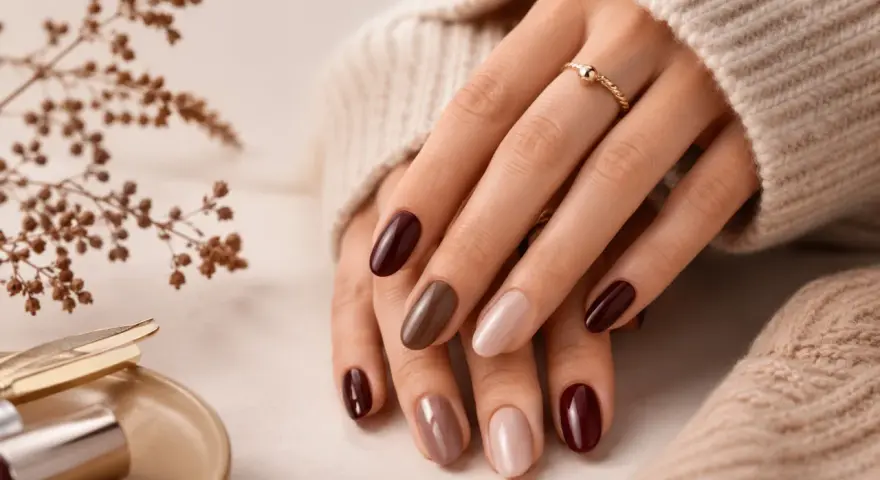 Mani curate con smalti color terra e bordeaux, un'anticipazione delle unghie inverno 2026. Un anello dorato completa il look.