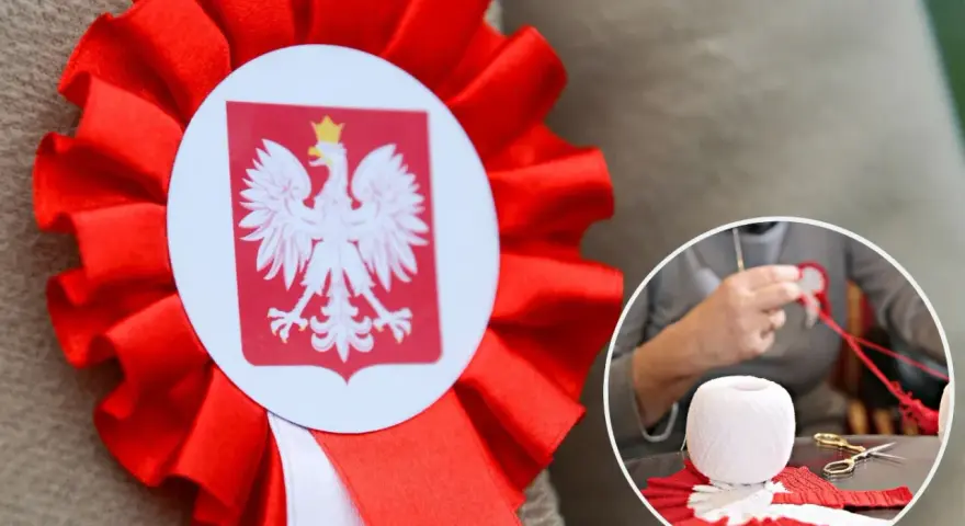 Jak zrobić kotylion: czerwono-biała kokarda z orłem, obok ręce tworzące podobny wzór z nici i nożyczek.