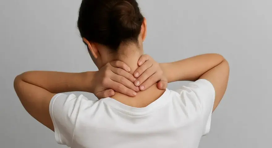 Kobieta masuje kark, szukając ulgi w bólu. Fizjoterapia plecy to rozwiązanie dla cierpiących.