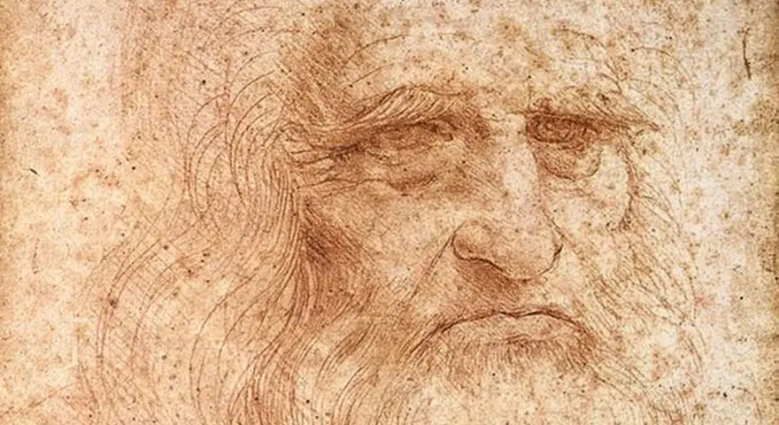 Szkic twarzy starca, przypominający portret z epoki renesansu, idealny do ilustracji biografii Leonardo da Vinci.