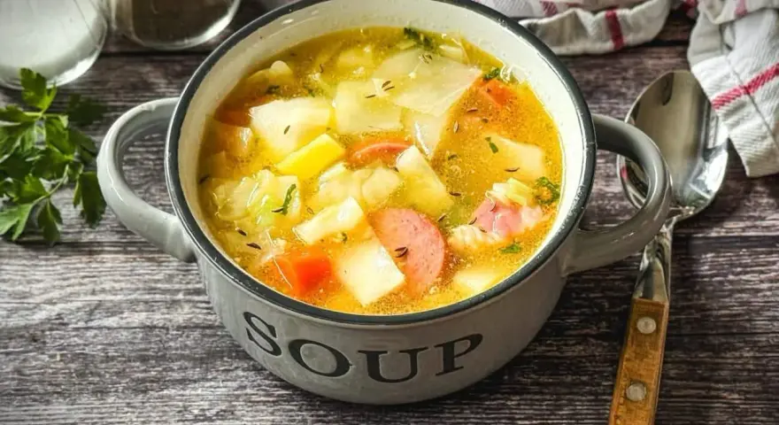 Herzhaftes Kohlsuppe Rezept mit Kartoffeln und Wurst in einer grauen Schüssel, bereit zum Genießen.