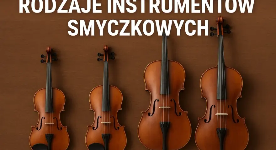 Cztery instrumenty smyczkowe: skrzypce i wiolonczele, prezentujące jakie są instrumenty smyczkowe.