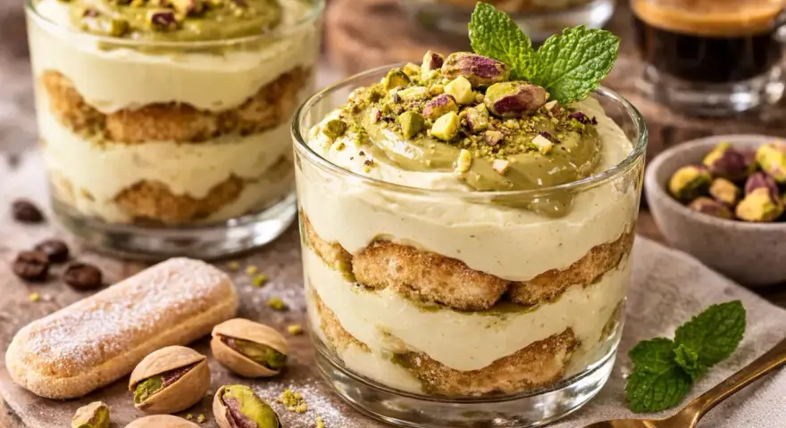 Schichtdessert mit Mascarpone-Creme, Löffelbiskuits und Pistazien, garniert mit Minze. Ein köstliches Mascarpone-Dessert.