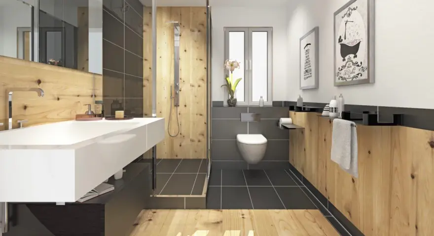 Salle de bain moderne avec murs en bois chaleureux, douche à l'italienne, lavabo suspendu et WC. L'ambiance naturelle du bois pour salle de bain invite à la détente.