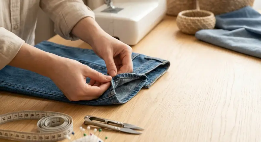 Händer syr upp jeans. Verktyg som måttband, nåldyna och sax ligger på bordet, vilket visar olika sätt att lägga upp maskor för ett perfekt resultat.
