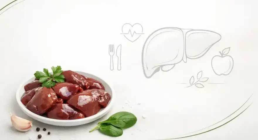 Surowa wątróbka na talerzu, obok czosnek i szpinak. Grafika wątroby i serca sugeruje, czy wątróbka jest zdrowa.