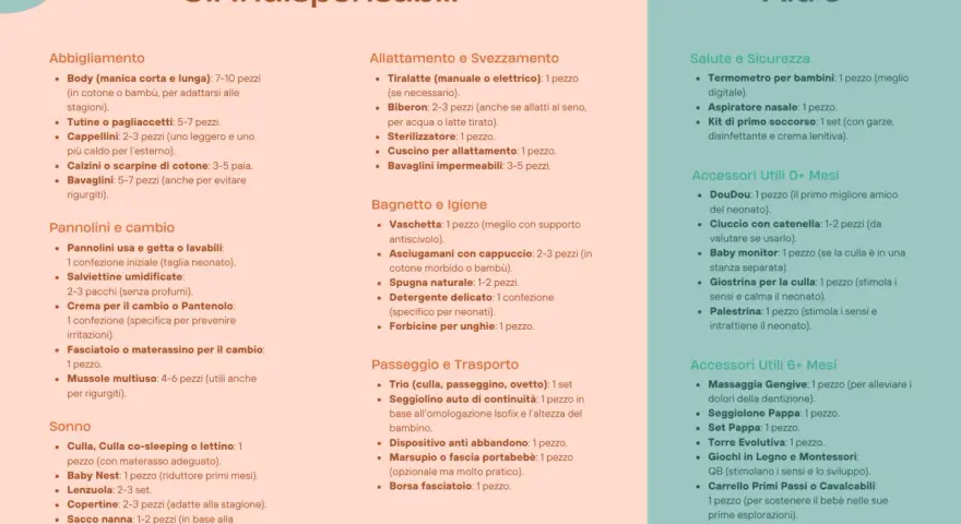 Lista nascita preimpostata: abbigliamento, pannolini, sonno, allattamento, igiene, passeggio, salute, sicurezza e accessori utili per ogni età.
