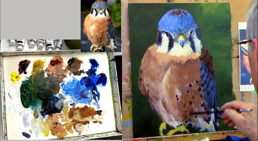 Un artiste peint un faucon crécerelle avec de l'acrylique, utilisant une palette de couleurs vives pour capturer les détails de l'oiseau.