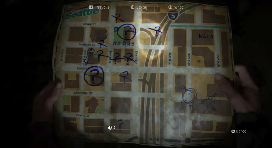 Mapa Seattle z zaznaczonymi punktami. Czy zastanawiasz się, ile trwa The Last of Us 2?