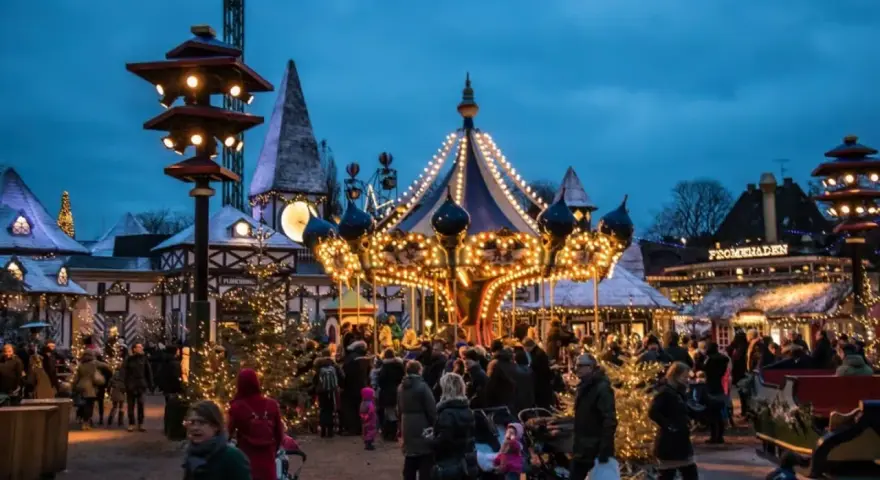 A lively Copenhagen Christmas market at dusk, with a brightly lit carousel and festive stalls. People stroll amongst decorated trees, enjoying the magical atmosphere.